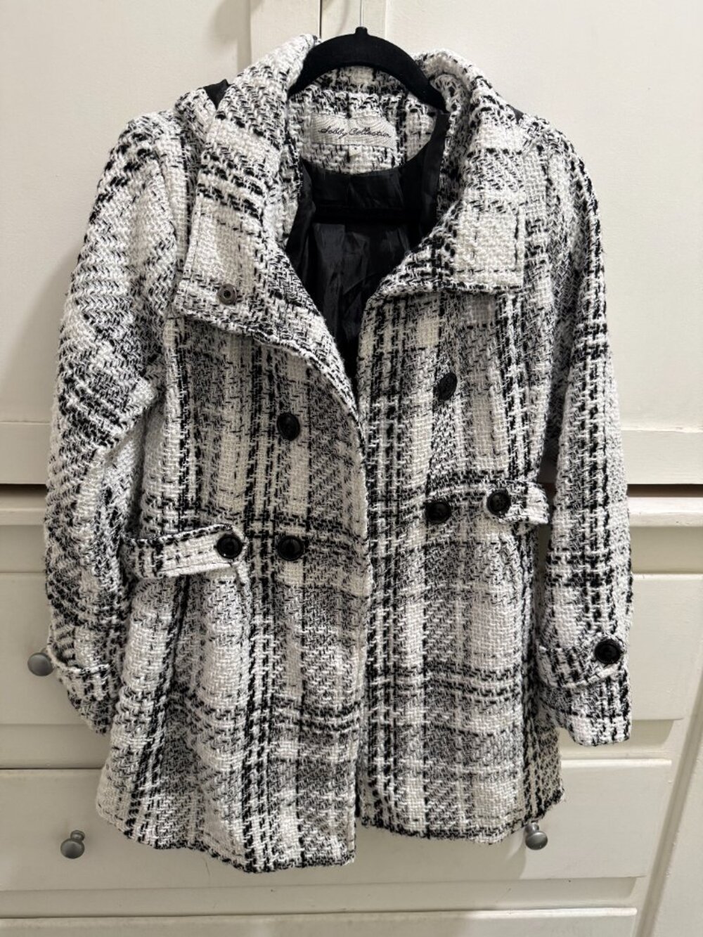 Sebby Collections‎ Belted Plaid Coat Black White Double Breasted Hooded Peacoat